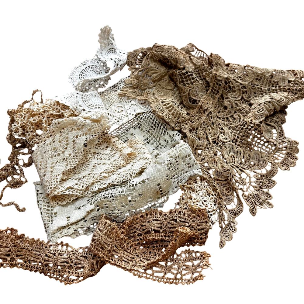 Lot of handmade crochet lace variety of pieces crafting beige and brown